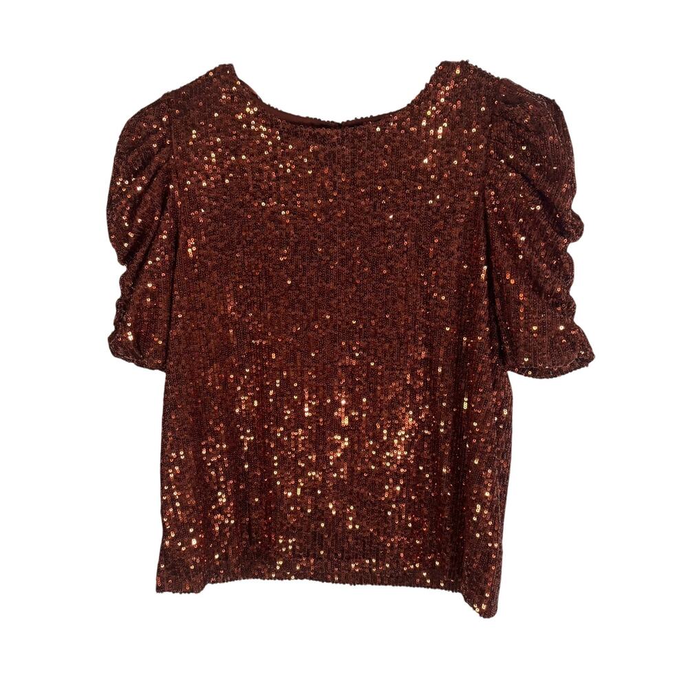 Rachel Zoe Copper Rust Sequin Puff Short Sleeve Party Top Size Small Keyhole